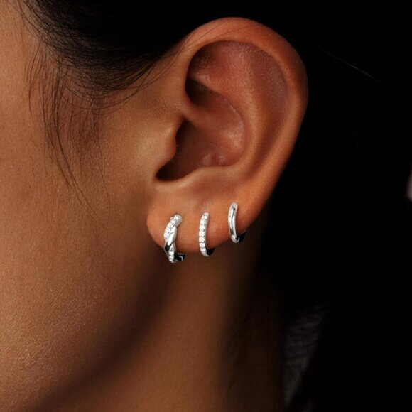 Women's Silver Twisted Hoop Multiple Piercing Cubic Zircon Jewelry Earrings - Picture 2 of 8